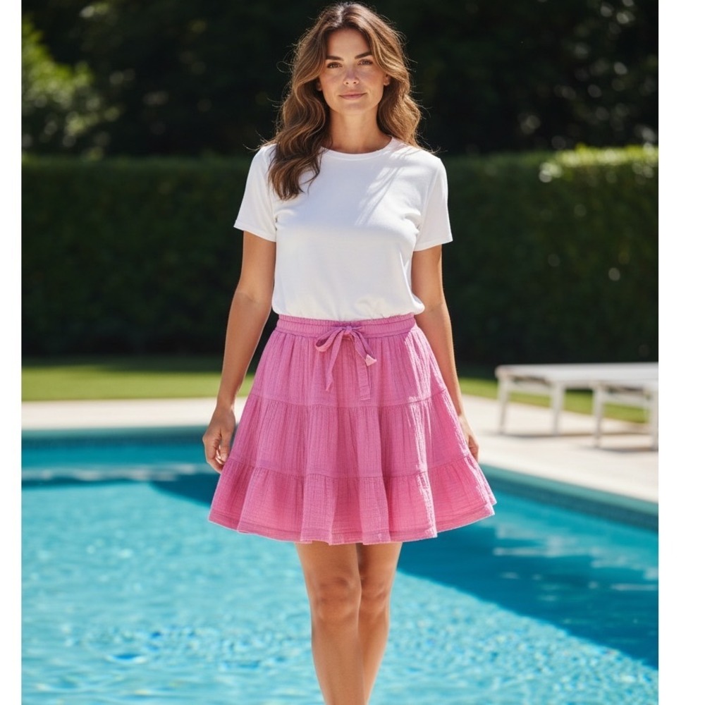Aerie Pink Tiered Mini Skirt Elastic Waist Summer Barbiecore Coquette Festival M
